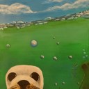 SALLY THE SEAL - Sandra Burns ART - nature art for sale, a cute seal looking at you from under the water, blue sky, white clouds, green water, bubbles, acrylic painting on paper