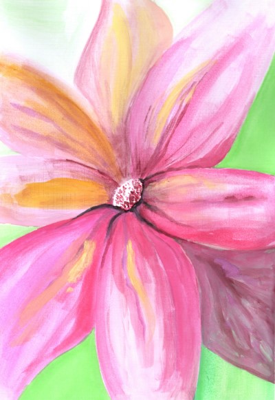 BLOOMING DELIGHT - Sandra Burns ART - nature art, bright pink flower painting with yellow highlights against a bright green background - nature art for sale, original watercolour painting on paper