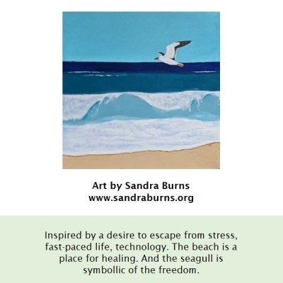 OCEAN VIBE - Sandra Burns ART - nature art, looking out to see as a seagull flies past, deep blue water, light blue wave, white splashes of water on the crest of the wave, white shore wash lapping up to the sand, blue, green, water, wave, sea, splash, surf, sky, seagull, summertime, memories of summer - nature art for sale, original acrylic painting on stretched canvas