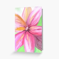 BLOOMING DELIGHT - Sandra Burns ART - nature art, bright pink flower painting with yellow highlights against a bright green background - original artwork reproduced on greeting card