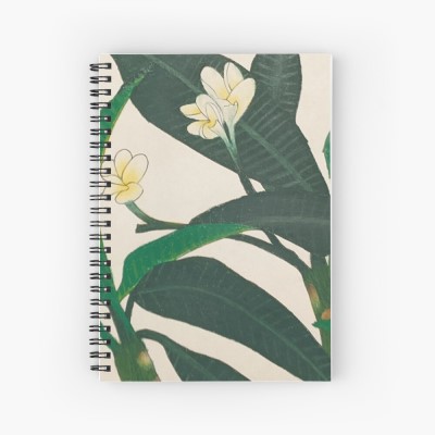 EXOTIC BLOOM - Sandra Burns ART - nature art, yellow and white frangipani flowers offset against deep green foliage leaves - original artwork reproduced on spiral notebook