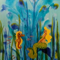 FANTASEA - Sandra Burns ART - nature art, fantasy mermaid art, underwater scene with mermaid, seahorse, and fish among the ocean plants, blue, green, yellow, gold, brown, child-like wonder, magic - nature art for sale, original acrylic painting on paper