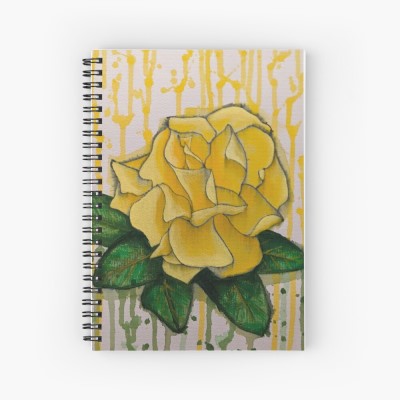 YELLOW ROSE - Sandra Burns ART - nature art, yellow rose painting, shades of yellow, dark green leaves, a yellow rose is a symbol of friendship, dream of yellow roses, friendship flower - nature art for sale, original acrylic painting reproduced on spiral notebook