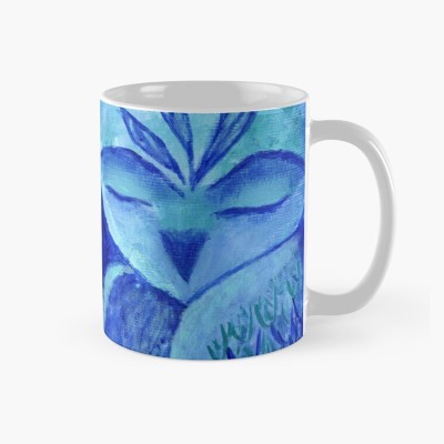 BLUE DAWN - Sandra Burns ART - nature art, blue owl painting, shades of blue turquoise and white, blue and white painting of owl and trees, owl feathers trees mist clouds, feeling serene and peaceful, wise owl, wisdom - original artwork reproduced on ceramic mug