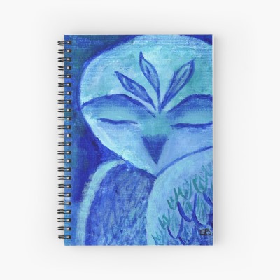 BLUE DAWN - Sandra Burns ART - nature art, blue owl painting, shades of blue turquoise and white, blue and white painting of owl and trees, owl feathers trees mist clouds, feeling serene and peaceful, wise owl, wisdom - original artwork reproduced on cover of spiral notebook