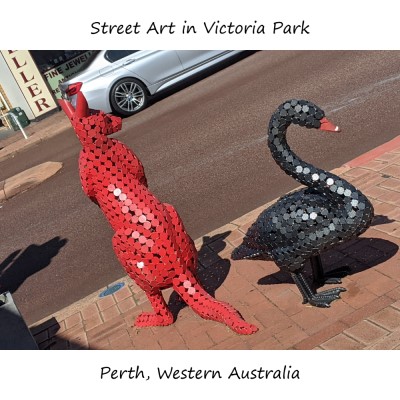 Penny and Pound sculpture in Victoria Park - Australian icons, red kangaroo and black swan