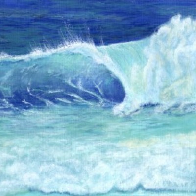 OCEAN WAVE - Sandra Burns ART - nature art, blue ocean wave painting, crashing wave, blue water, white sea-spray, white shore wash - original acrylic painting on paper