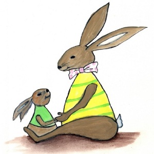 BUNNY LOVE - Sandra Burns ART - nature art, bunny nursery art, children's décor bunny painting, mother and child bunny rabbits, brown yellow green pink, holding hands, deep in love, maternal instinct - nature art for sale, original watercolour painting on paper